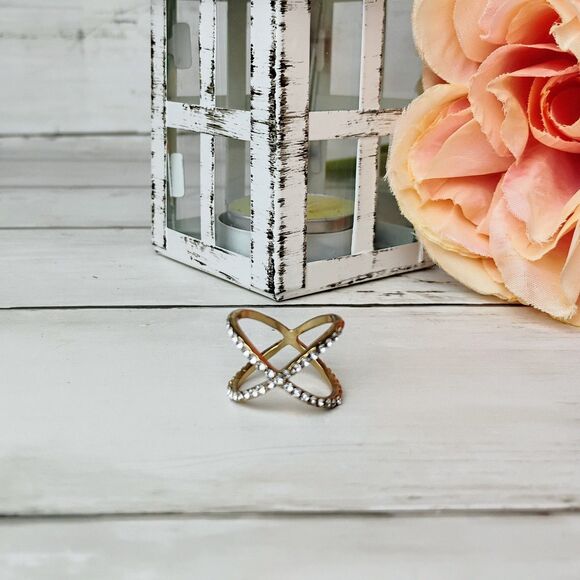 NEW Gold Tone Rhinestone X Crossed Women's Ring Size 6.5 Eclectic Funky - Picture 2 of 4